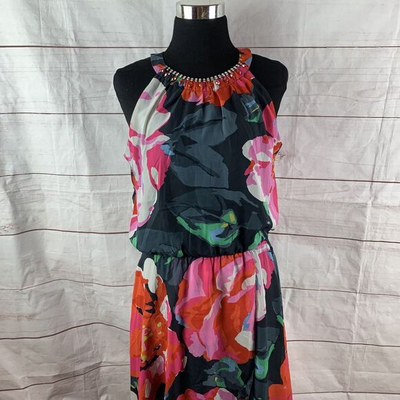 MSK Dress Floral Midi Party Wedding high-low Jeweled 8 M Kaftan lined elastic - Picture 11 of 16